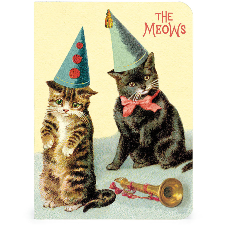 Two cats wearing party hats with a &