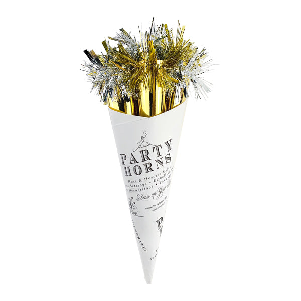 An elegant Tops Malibu Party Horn Bouquet Gold/Silver with tinsel tassels.