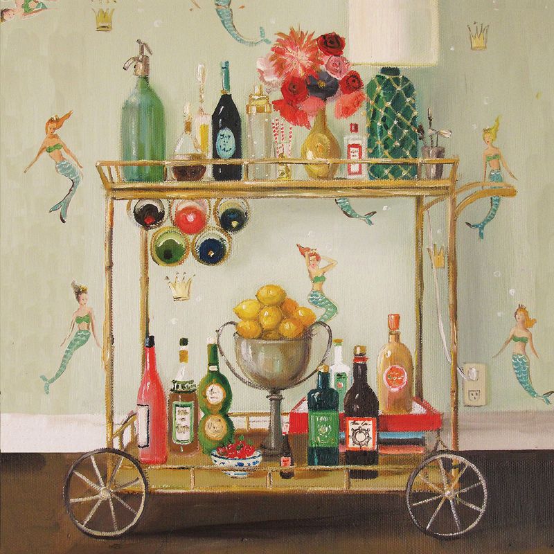 A square cocktail napkin featuring a painting of a fully stocked vintage bar cart in front of a mermaid-patterned wallpaper. 