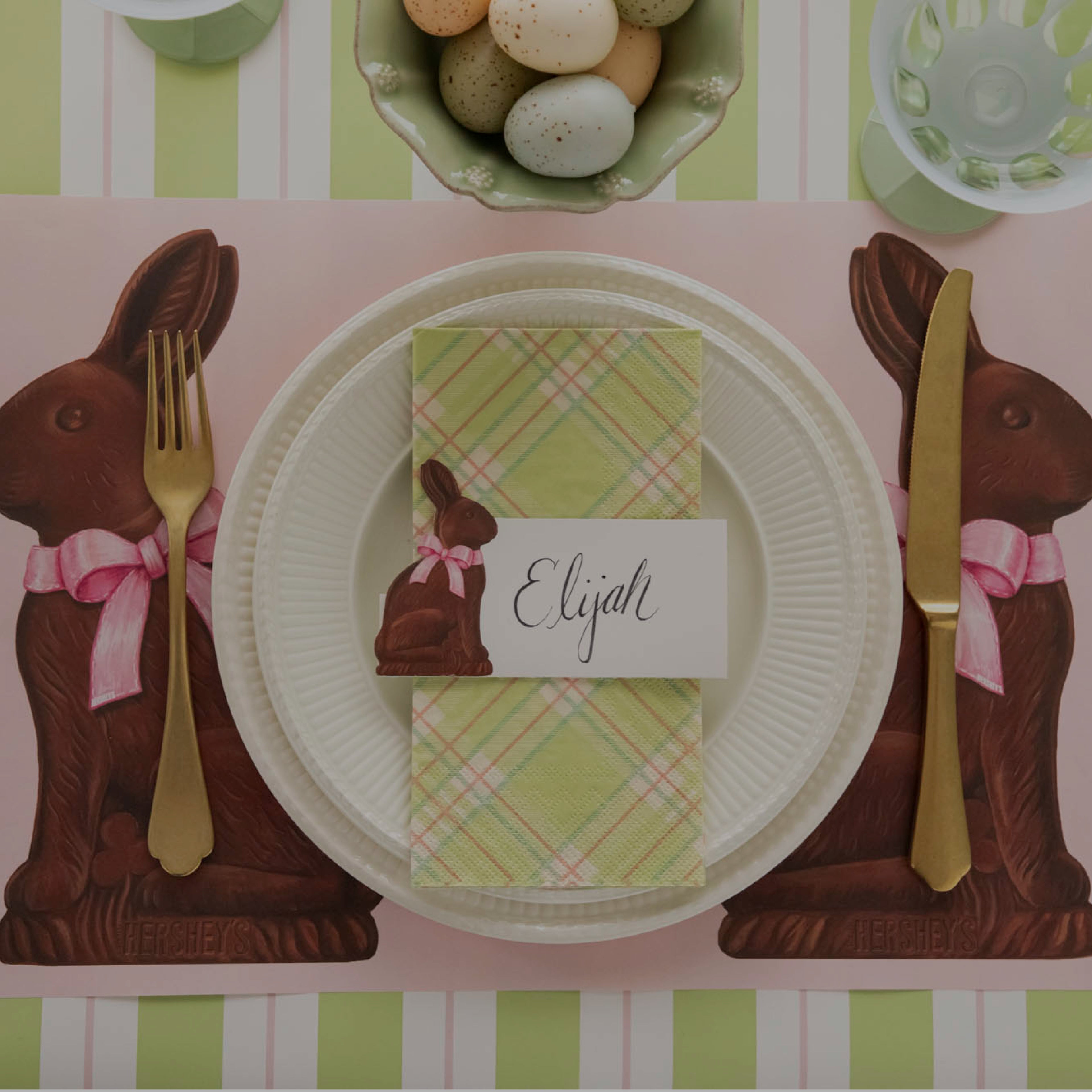 Hershey's Chocolate Bunny Story styled on a spring inspired table.