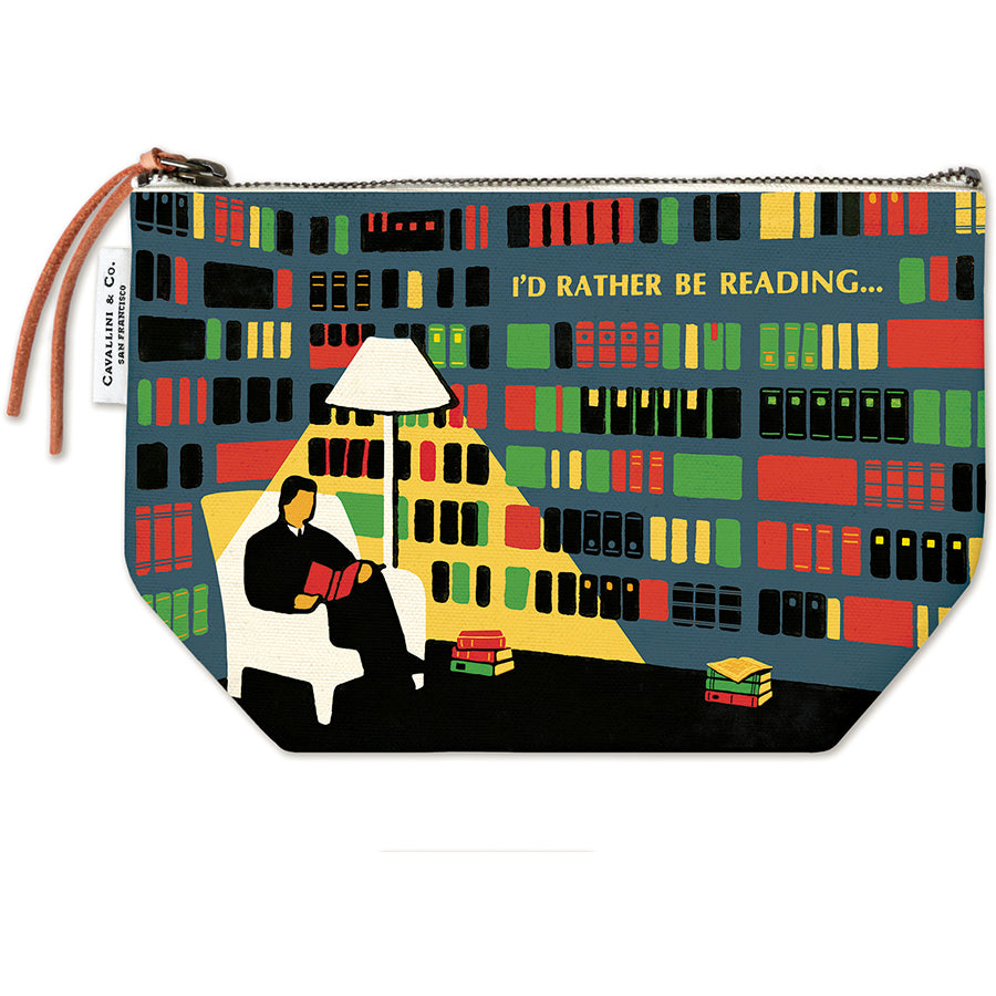 Pouch with a design of a person reading a book in front of a library, with &
