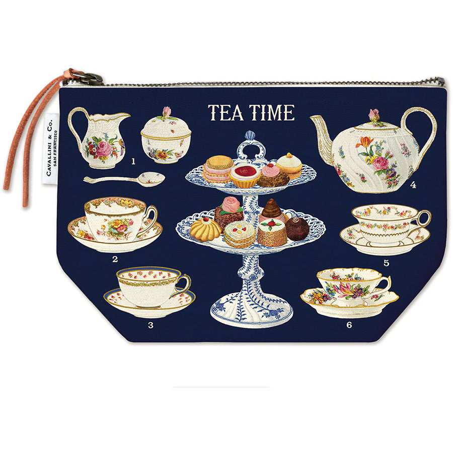 Pouch with tea-themed design featuring teacups, teapots, and pastries on a navy background.