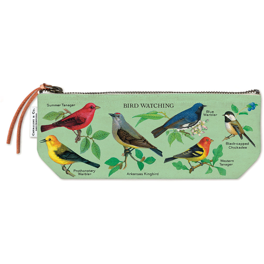 Pencil case with bird illustrations and text on a light green background