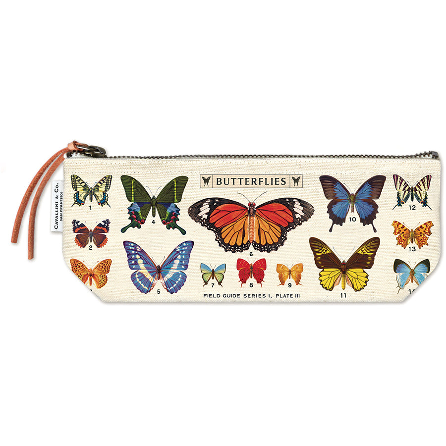 Pencil case with butterfly illustrations on a white background