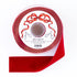 A spool of 1.5-inch wide red flocked ribbon by Hester & Cook on a white background.