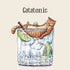 A square cocktail napkin featuring an illustration of a cat lounging in a glass with lime wedges and ice, labeled &