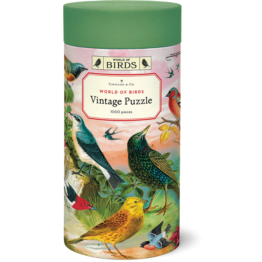 Jigsaw puzzle canister with bird illustrations and &