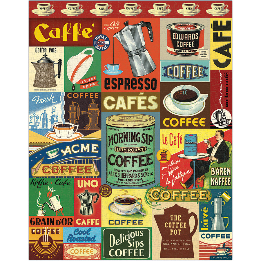 Collage of vintage coffee advertisements with different fonts and styles.