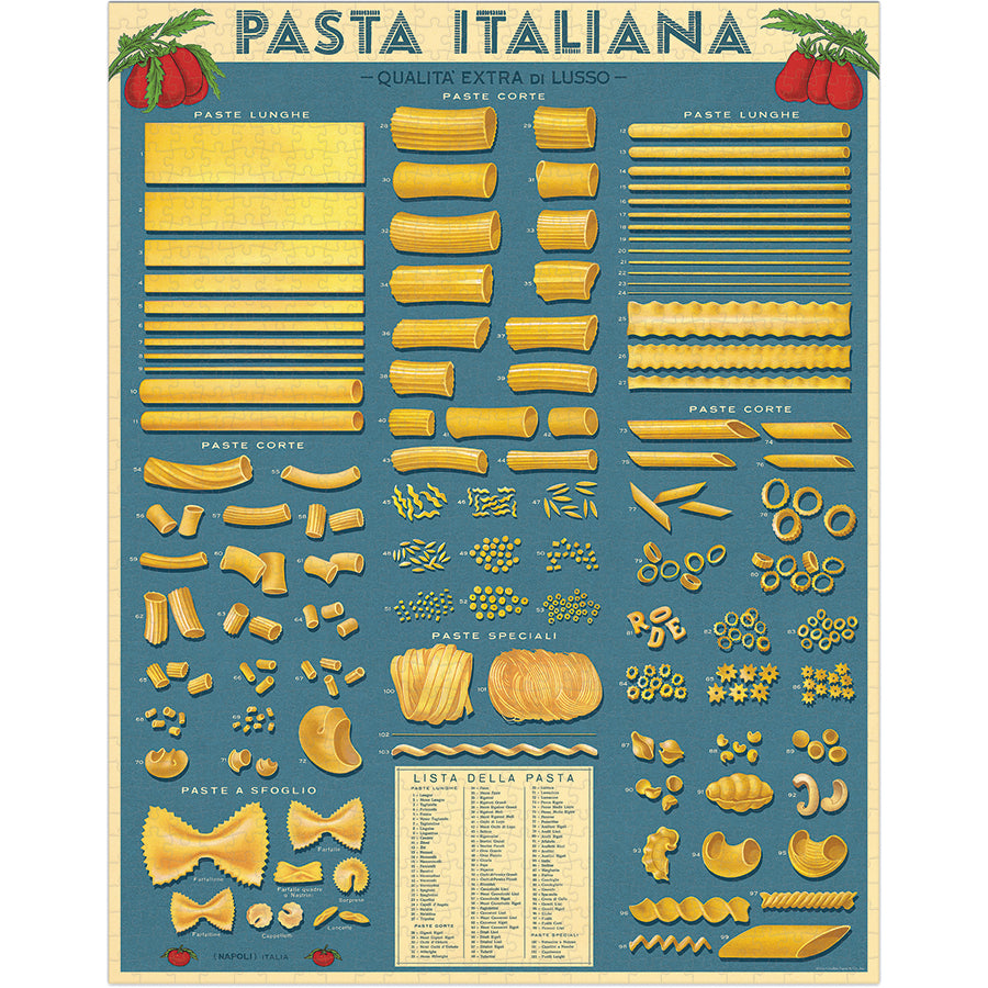 Chart of various types of pasta with a blue background