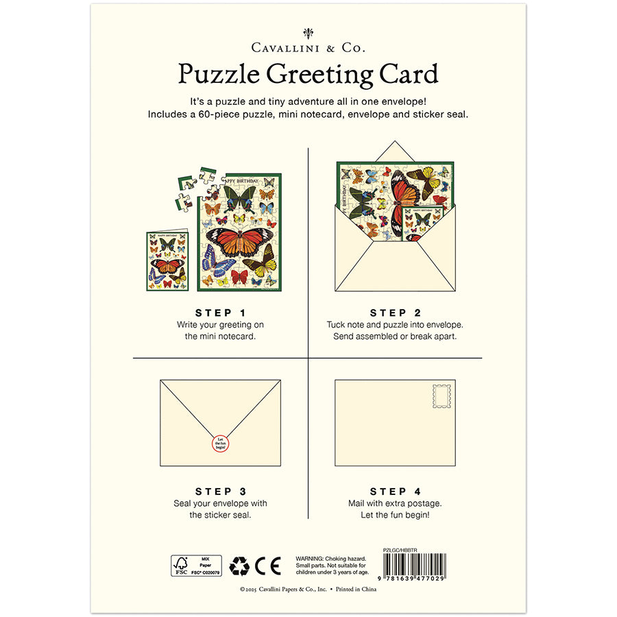 Cavallini &amp; Co. Puzzle Greeting Card packaging with step-by-step instructions on a white background