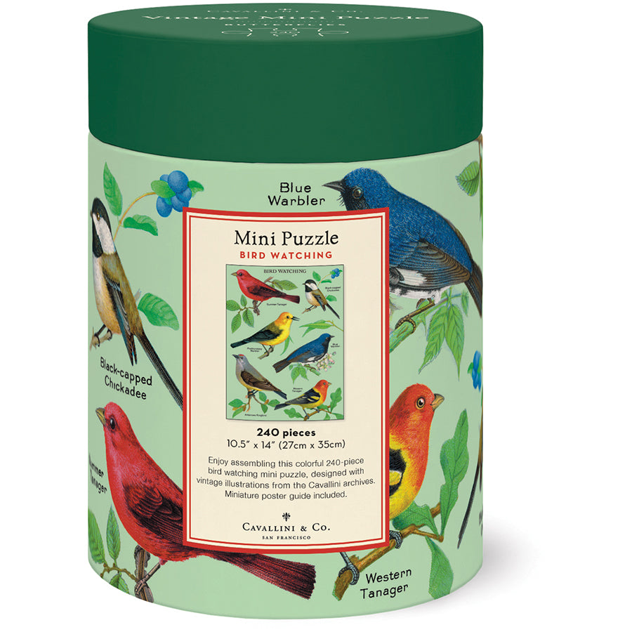 Cylindrical puzzle box with bird illustrations on a light green background