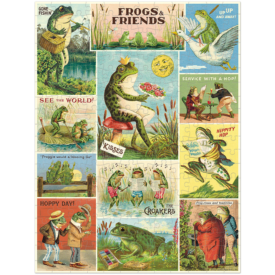 Collection of vintage-style frog-themed illustrations on a white background