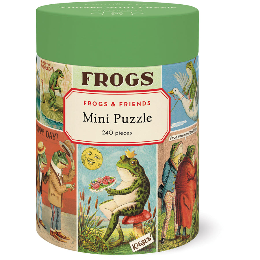A cylindrical puzzle box with frog illustrations and text on a white background
