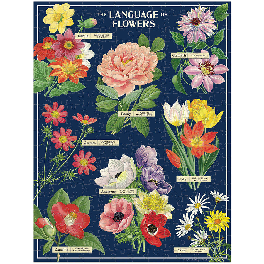 Floral puzzle illustration with text on a blue background.