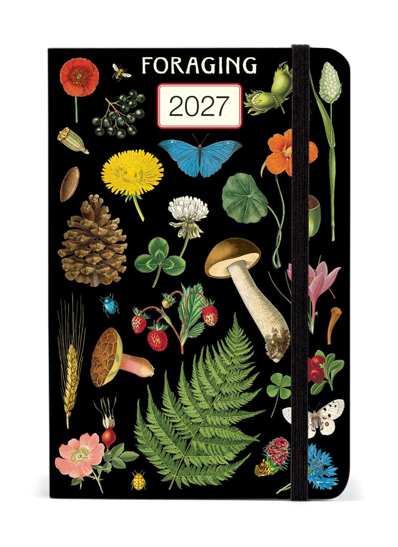 2027 foraging-themed calendar with illustrations of plants and fungi on a black background