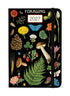 2027 foraging-themed calendar with illustrations of plants and fungi on a black background