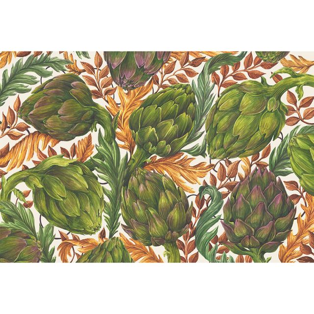 Pattern of green artichokes and brown leaves on a white background
