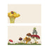 Two illustrated note card designs on a cream background. The top card shows a hummingbird wearing a tiny red mushroom hat inside a large yellow chanterelle mushroom. The bottom card features a variety of woodland mushrooms growing in green grass, with a small striped bird wearing a green moss hat perched on top of a red amanita mushroom.
