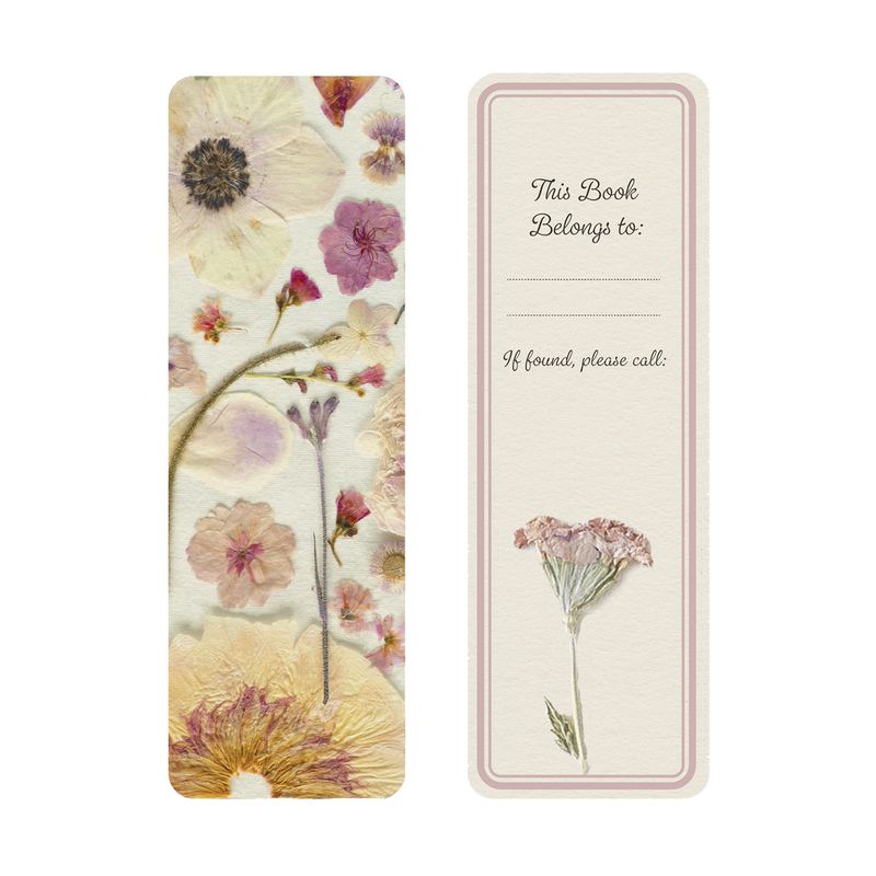 A floral bookmark with pressed flower design on one side and a place for personalization on the other. 