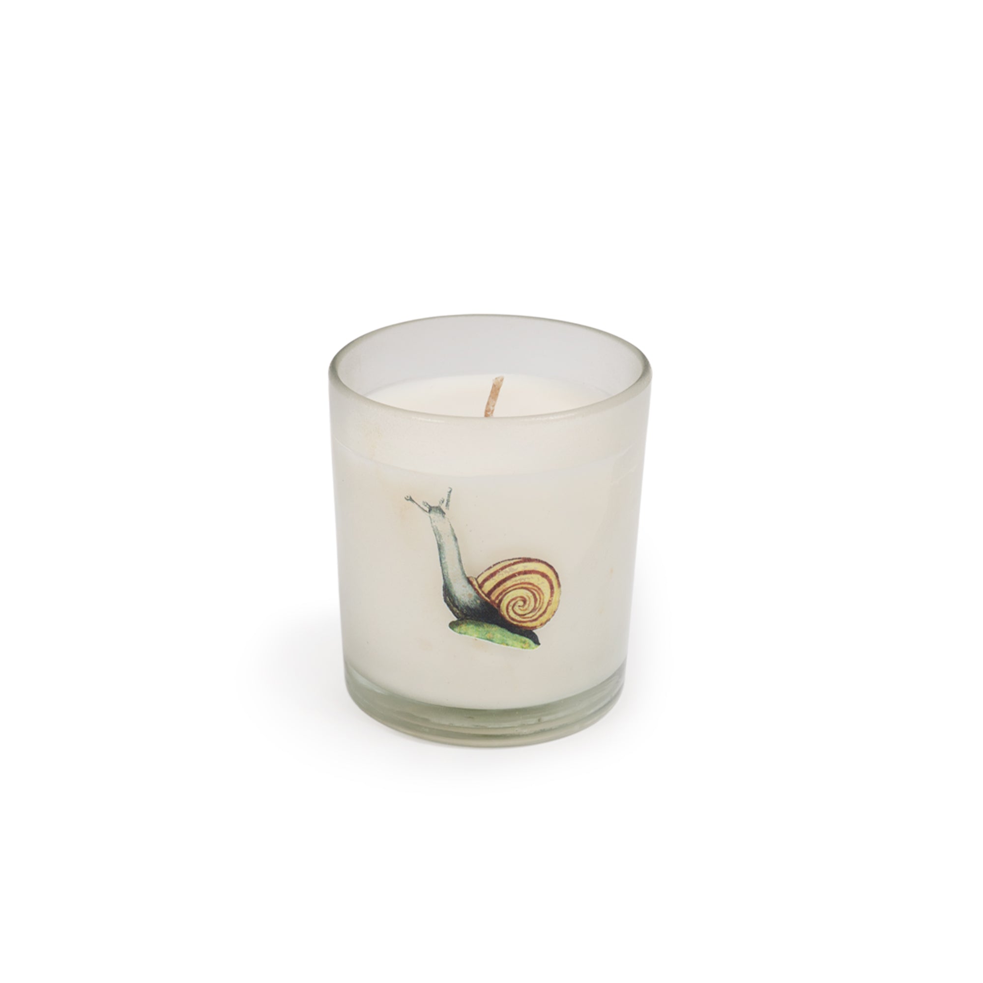 Glass candle with a snail on it. 