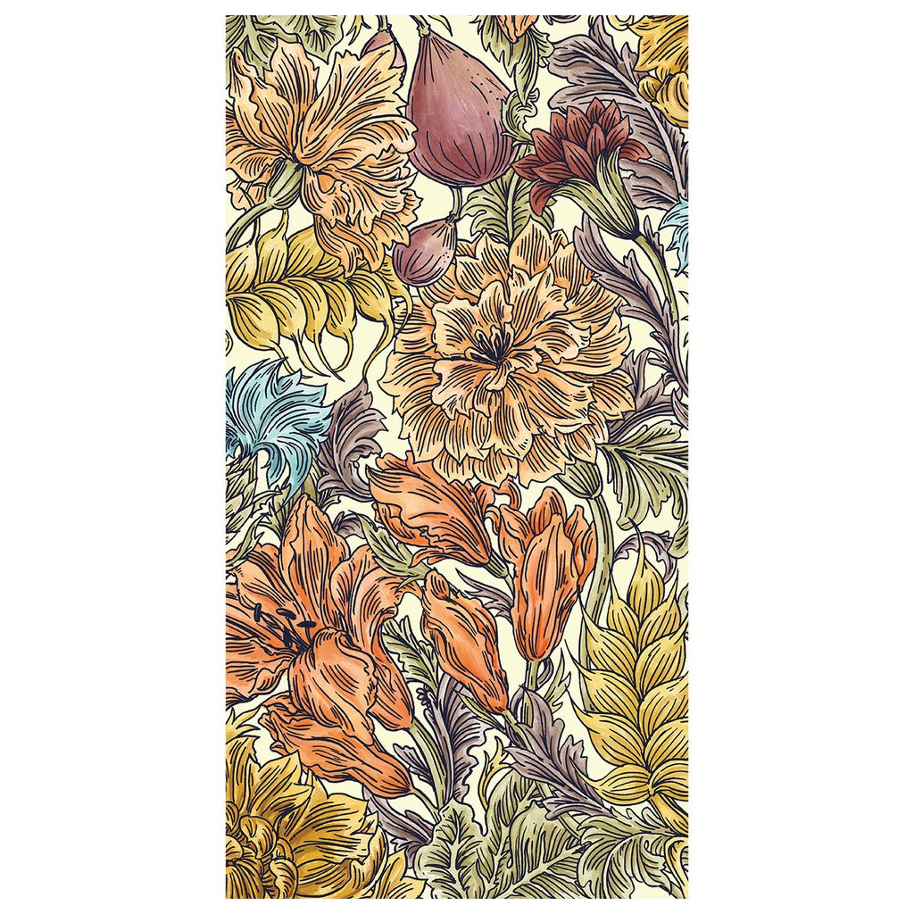 A colorful floral patterned paper napkin with large flowers in orange, yellow, and green.
