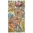 A colorful floral patterned paper napkin with large flowers in orange, yellow, and green.