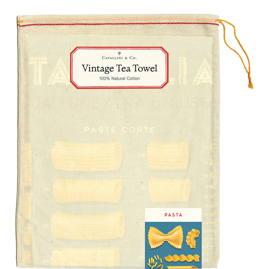 Vintage tea towel with pasta illustrations and Cavallini &amp; Co. branding.