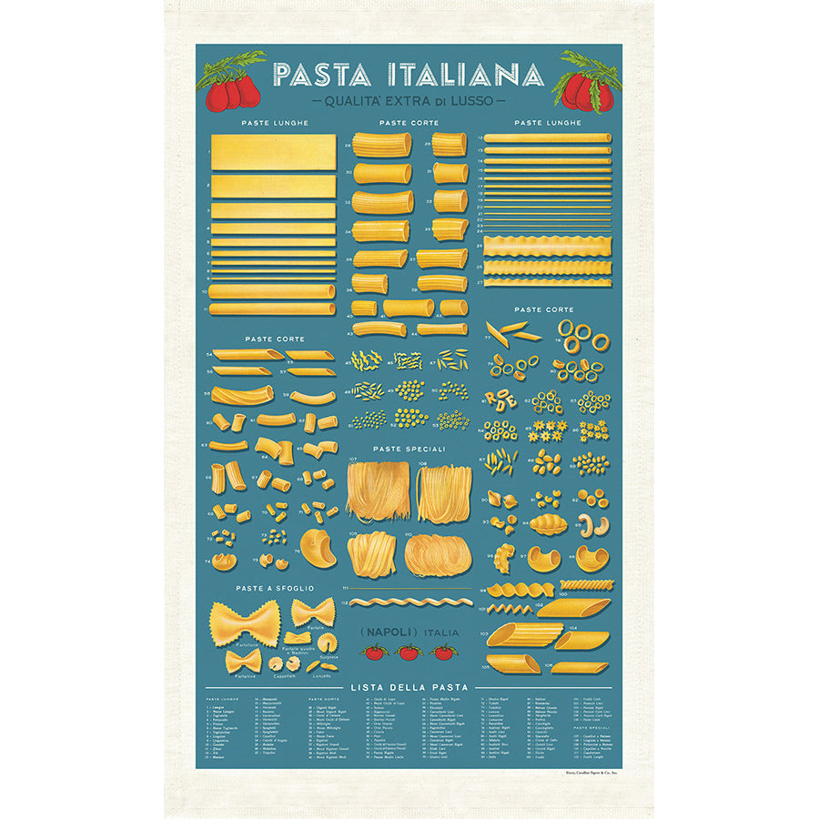 A kitchen towel featuring illustrations of pasta types with a blue background and yellow pasta illustrations.