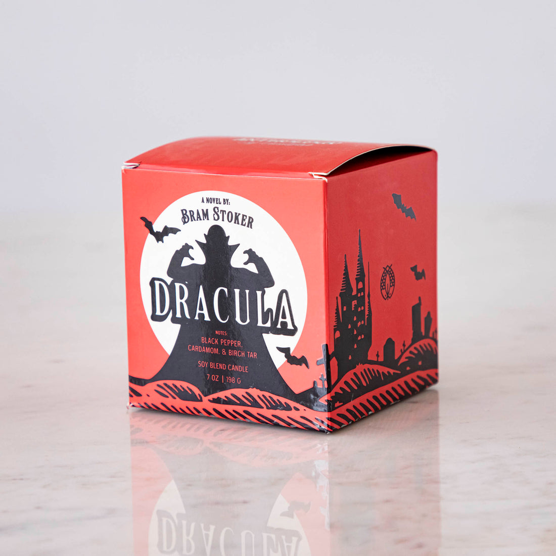 A red and black Dracula themed candle box based on the novel by Bram Stoker.