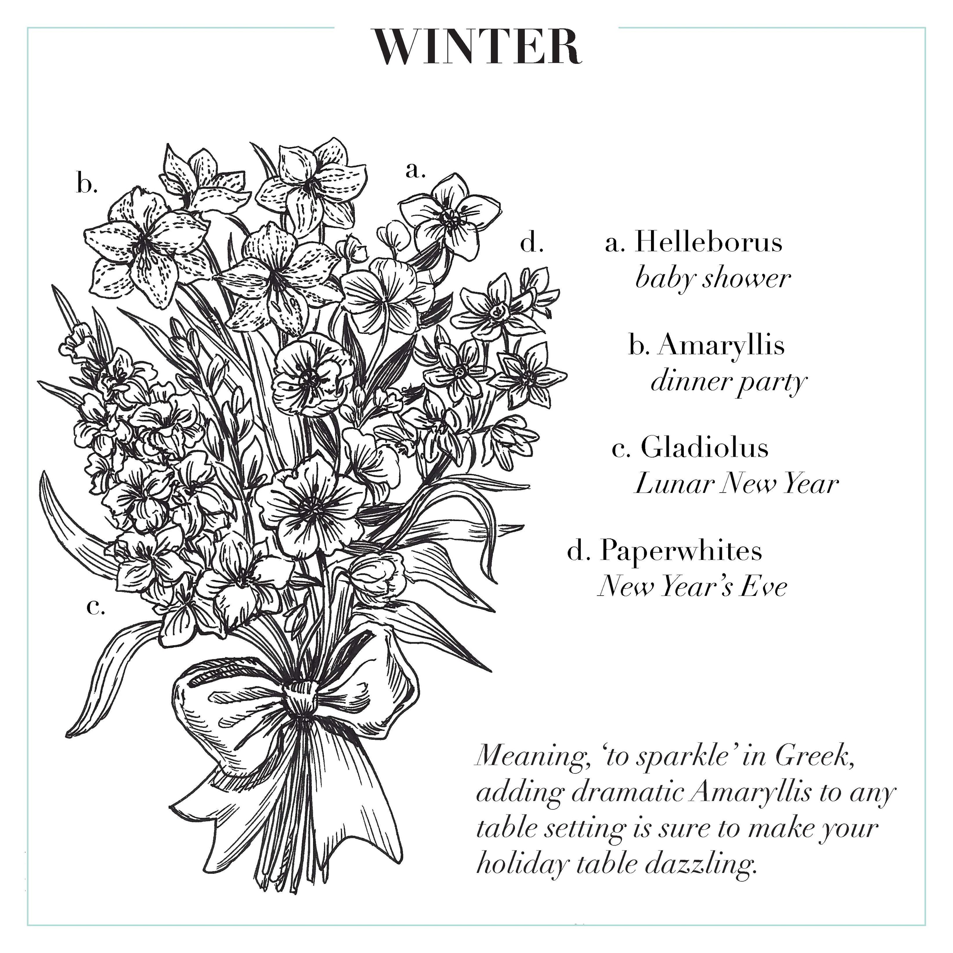 Black and white illustration of a bouquet with floral names and meanings on a white background.