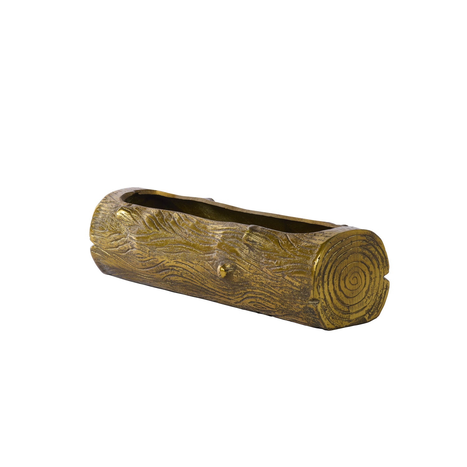 Bronze log-shaped planter on a white background.