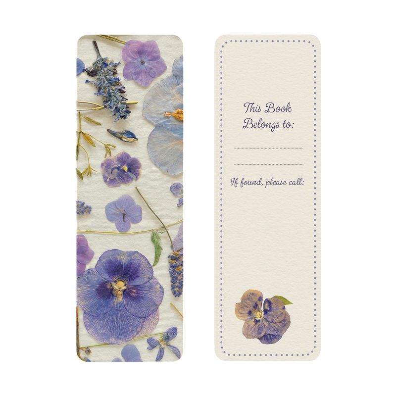 Floral bookmark with pressed flower design on one side and a place for personalization on the other on a white background