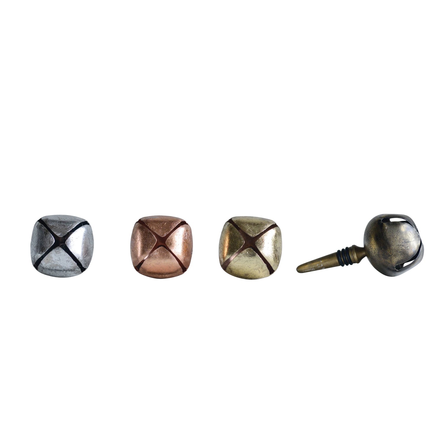Four metal bottle stoppers with bell designs, in silver, bronze, gold, and black colors, displayed against a white background.