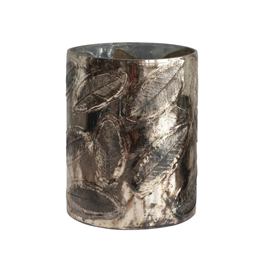 Embossed Mercury Glass Candle Holder with Leaves