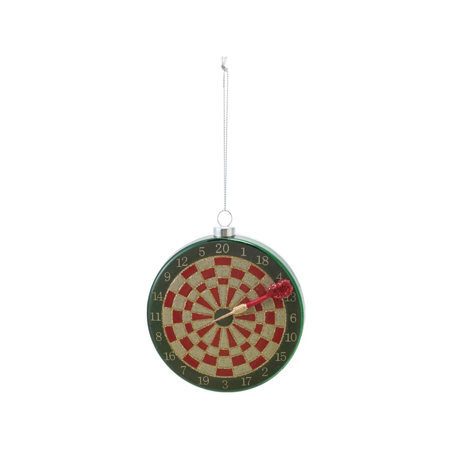 Decorative dartboard with a red bullseye on a white background