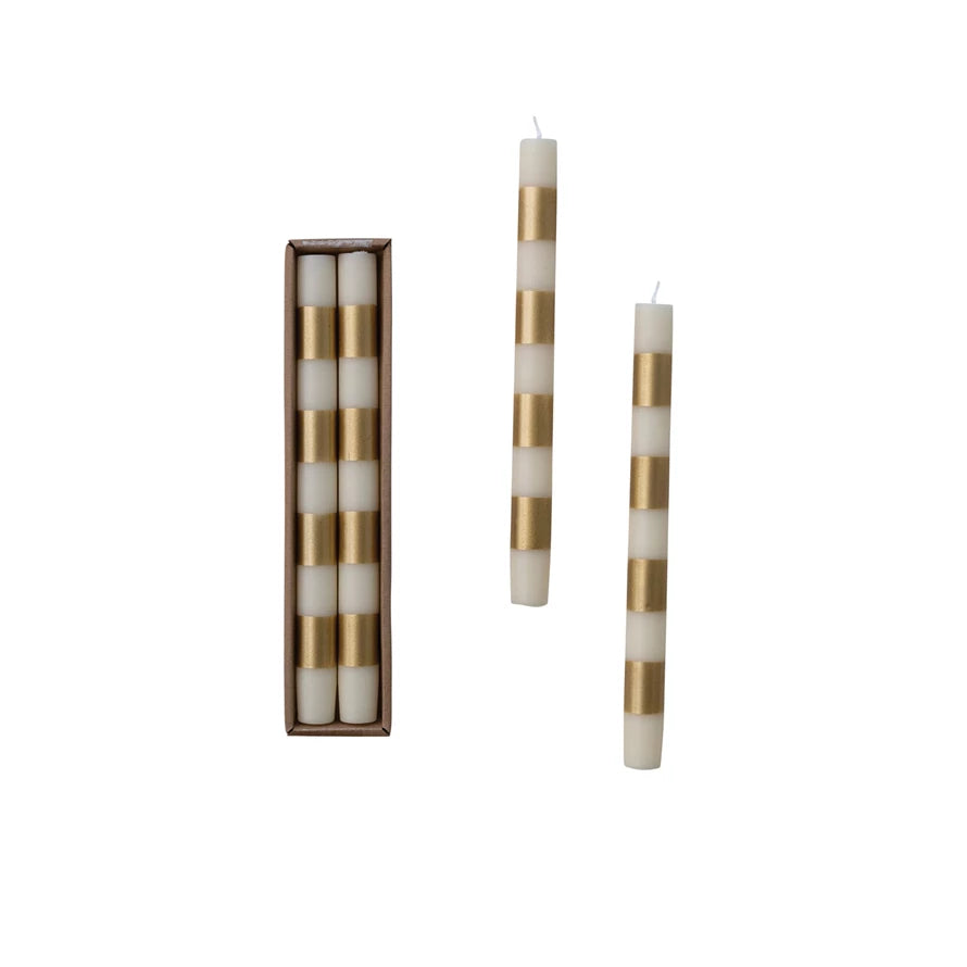 Cream &amp; Gold Striped Taper Candles, Set of 2