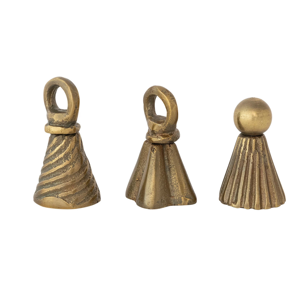 Three brass bell-shaped snuffers on a white background