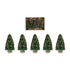 Set of five small glittery sisal trees with a box in the background on a white background.