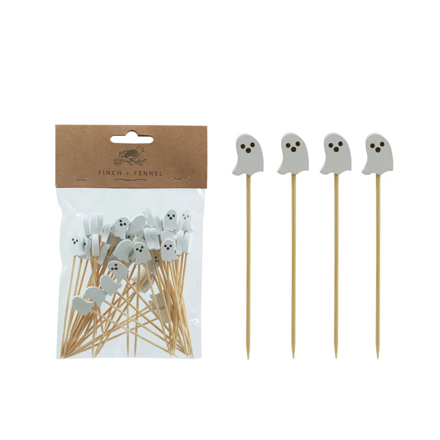 Packaged ghost-themed bamboo skewers with a clear plastic window on a white background.
