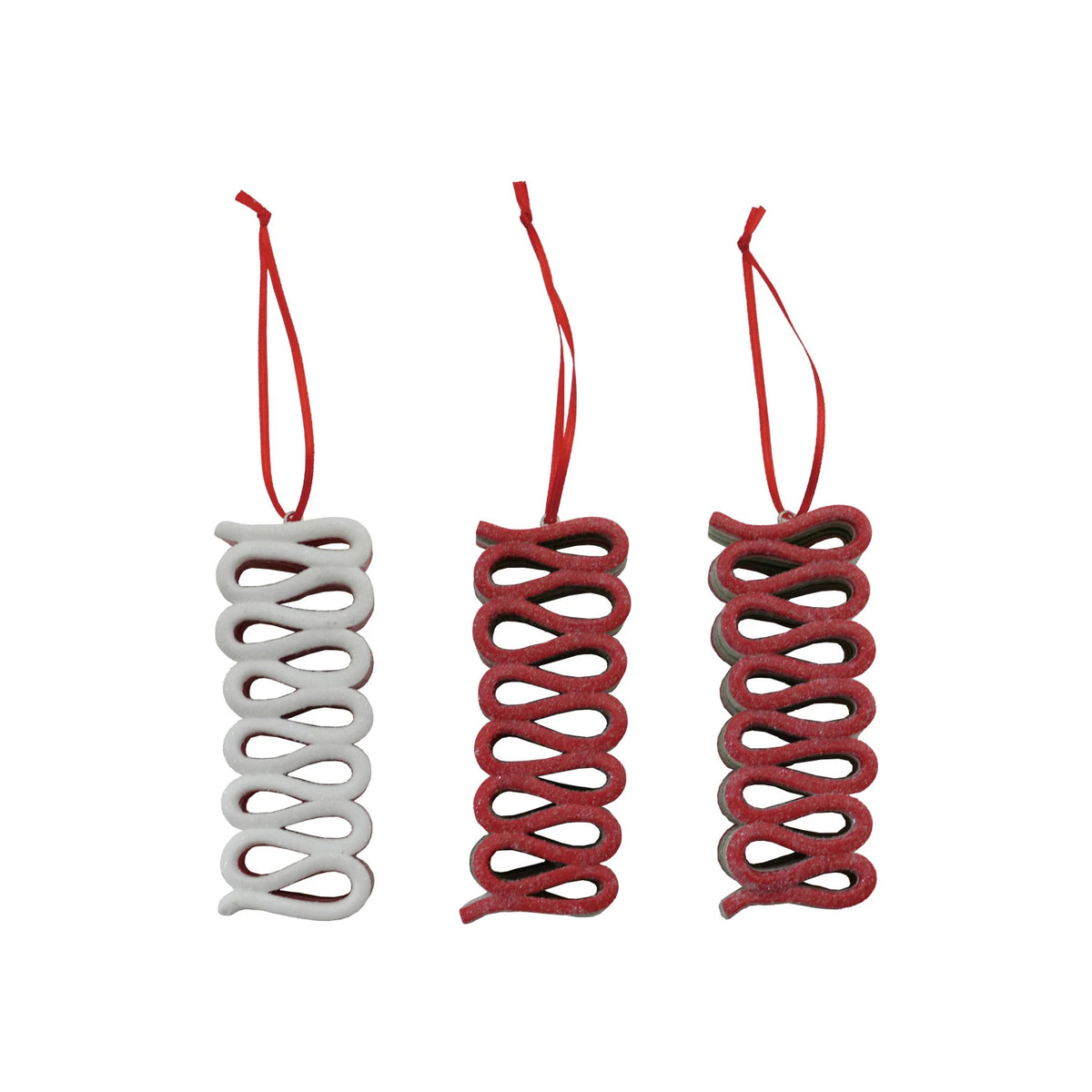 Three Clay Striped Ribbon Candy Ornaments with Glitter with red, green, and white patterns on a white background.