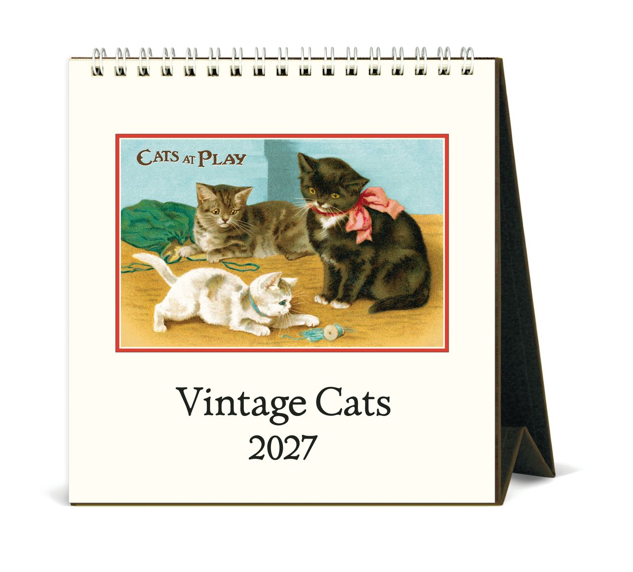 Vintage cats calendar for 2027 with a stand on a white background