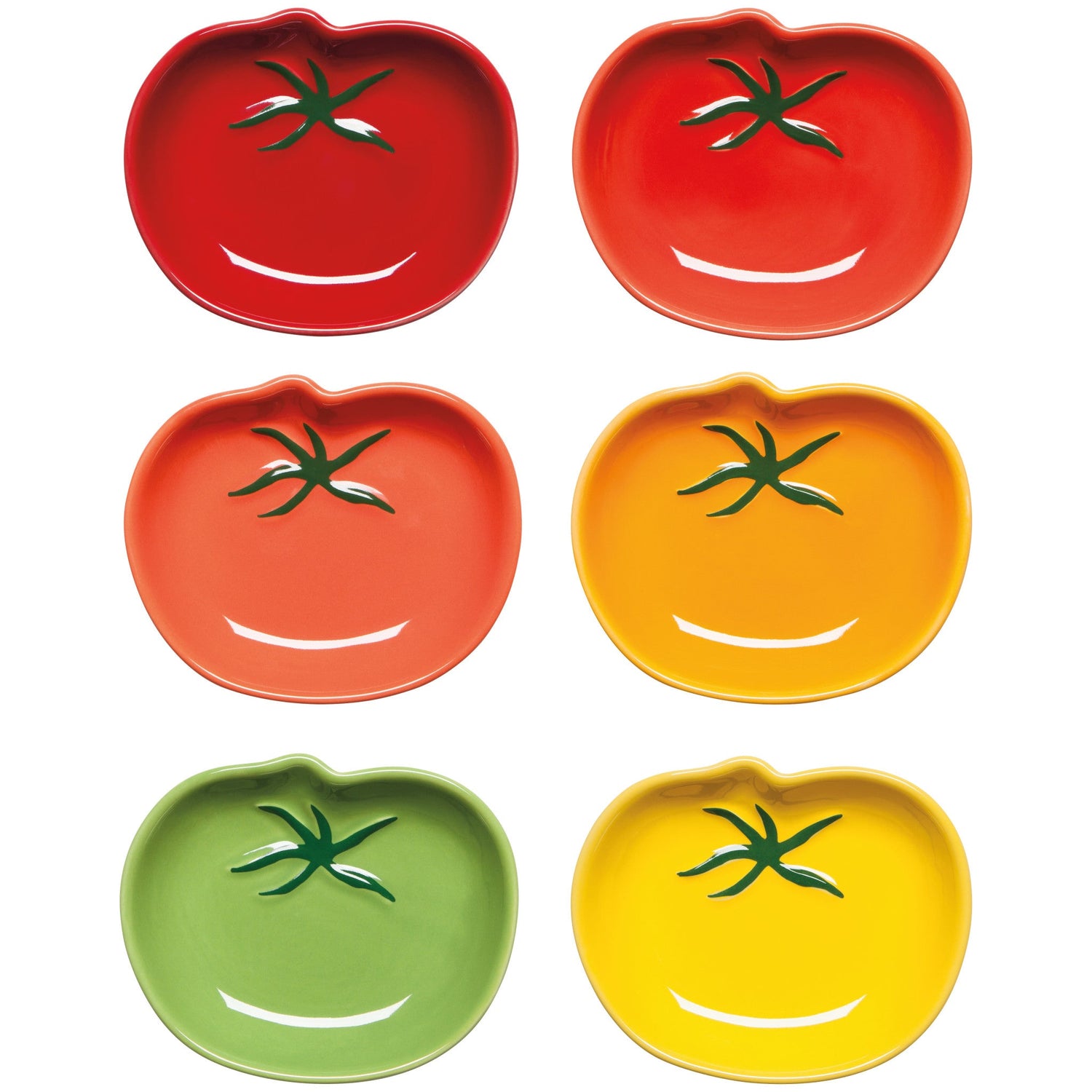 Set of six tomato-shaped plates in red, orange, yellow, green, and orange on a white background.
