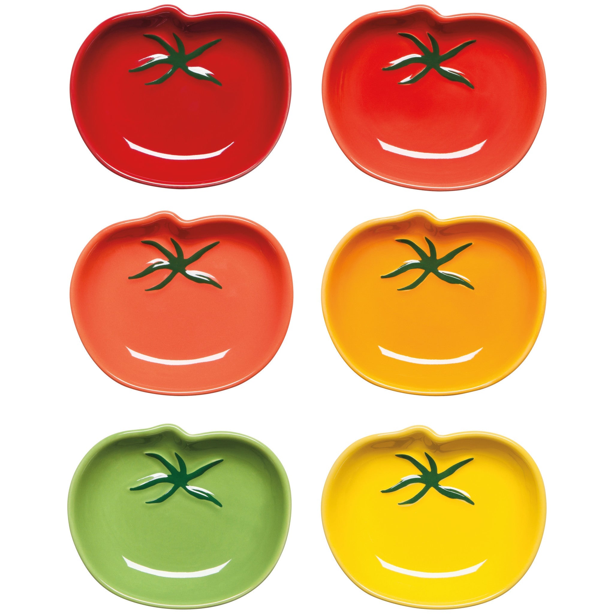 Set of six tomato-shaped plates in red, orange, yellow, green, and orange on a white background.