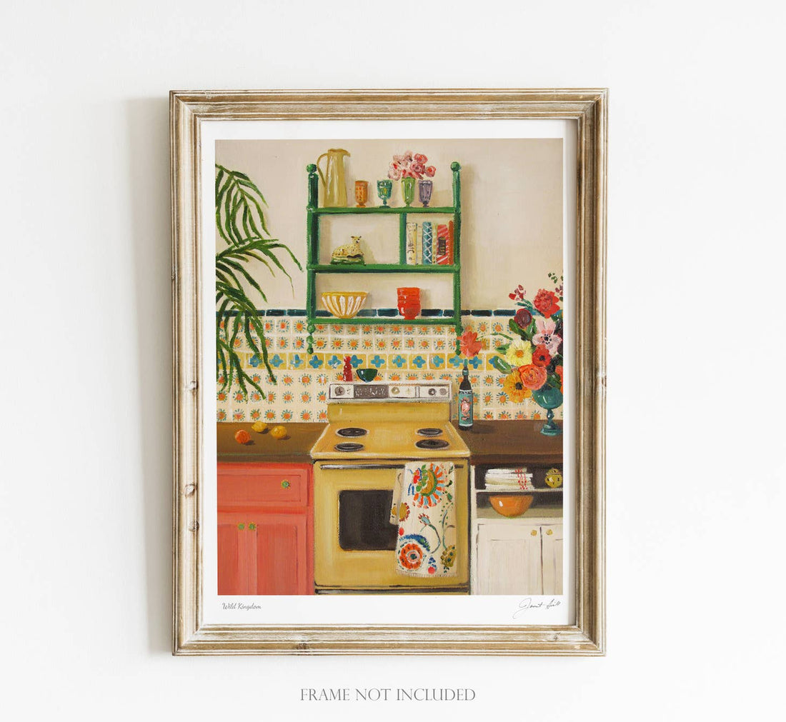 Vintage-style Wild Kingdom Art Print Small Art Print by fine artist Janet Hill of a colorful kitchen interior, framed and mounted on a wall.