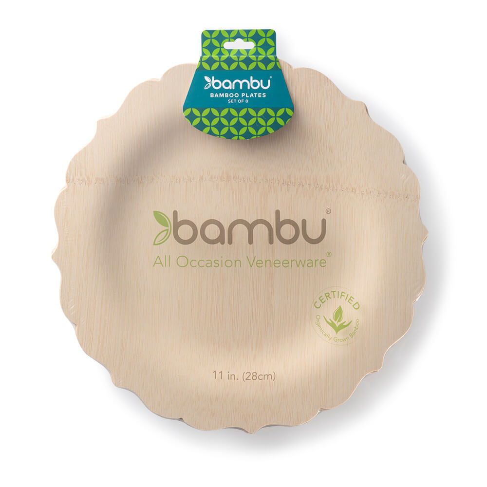 A Veneerware Fancy Bamboo Plate with the word babbu on it, made by Bambu Wholesale.