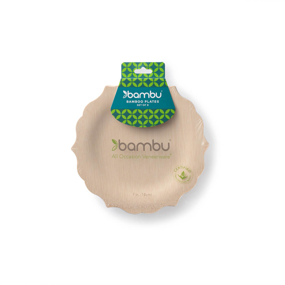 A USDA certified organic Veneerware Fancy Bamboo Plate with the Bambu Wholesale brand name on it, available in compostable and disposable options.