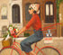 A painting by Janet Hill, a Canadian fine artist, of a woman riding a bicycle with a basket of flowers.