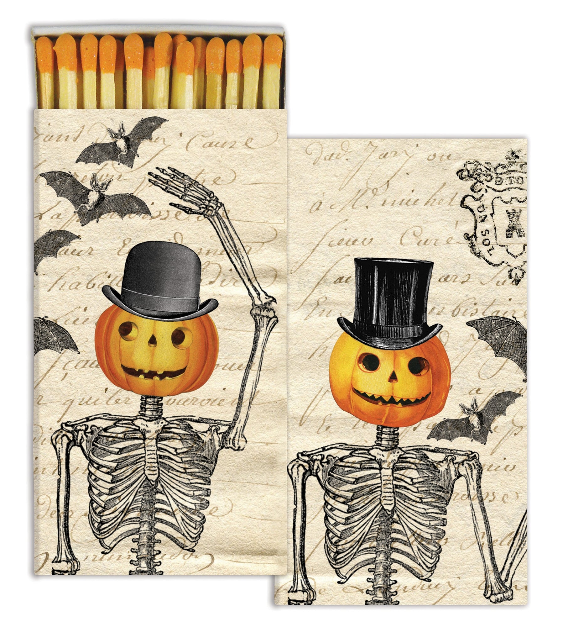 Box of matches printed with a skeleton body and pumpkin head with top hat on.  Match tips are orange