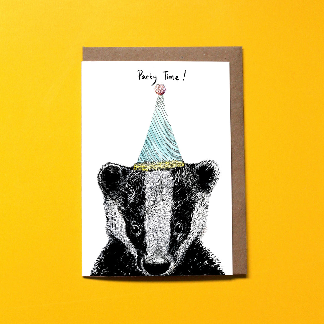 A Party Animal Birthday Card from Max Made Me featuring a highly detailed illustration of a badger in a party hat.