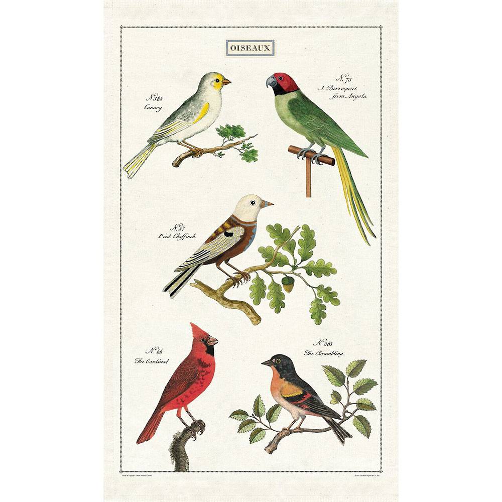 Vintage illustration of various bird species on a Cavallini Papers &amp; Co Birds Tea Towel with labels.